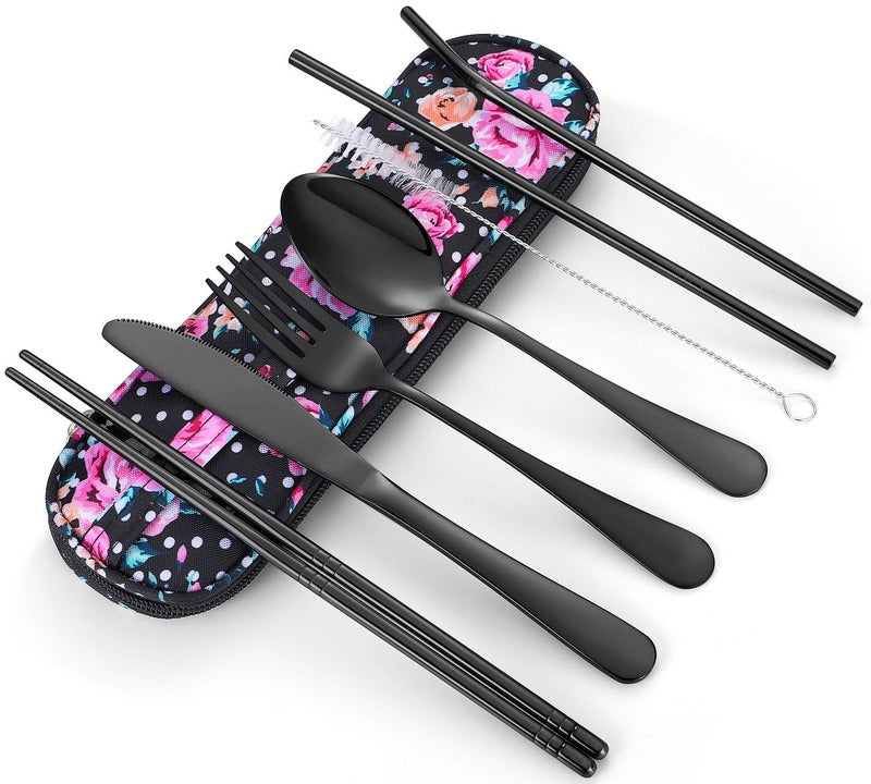 Topbooc أدوات السفر، مجموعة أدوات مائدة قابلة لإعادة الاستخدام للذهاب، مجموعة أدوات مائدة محمولة مع حقيبة مقاومة للماء لصناديق الغداء، مكان العمل، التخييم، النزهات (أسود) - Image 1